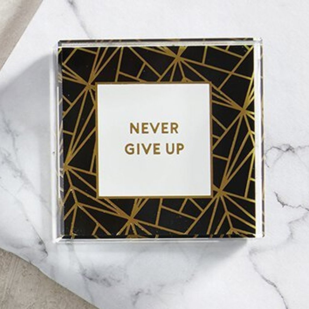 Never Give Up 3"x3" Paperweight | Black Geometric Pattern